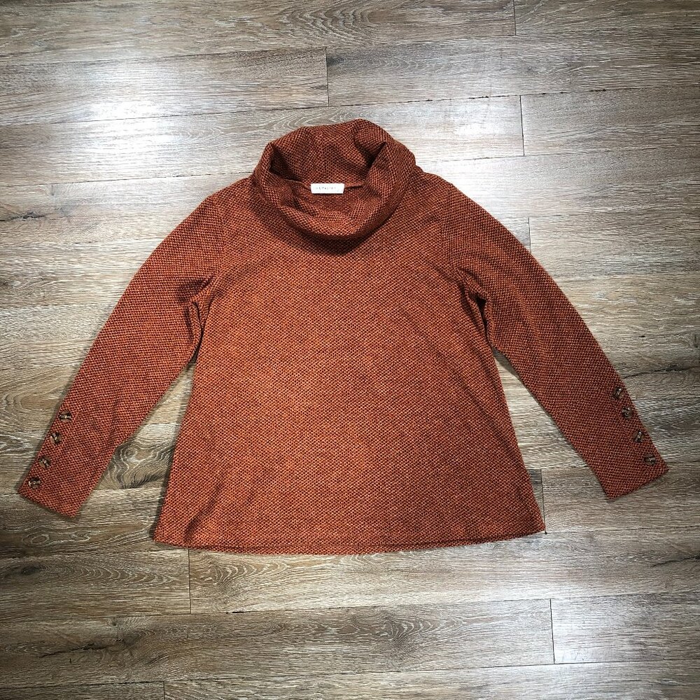 Retrology Women Medium Sweater Rust Orange Cowl Neck Long Sleeve Pullover Button